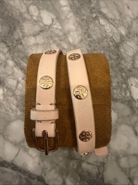 Tory Burch Pale Pink Leather Logo-Stud Wrap Belt